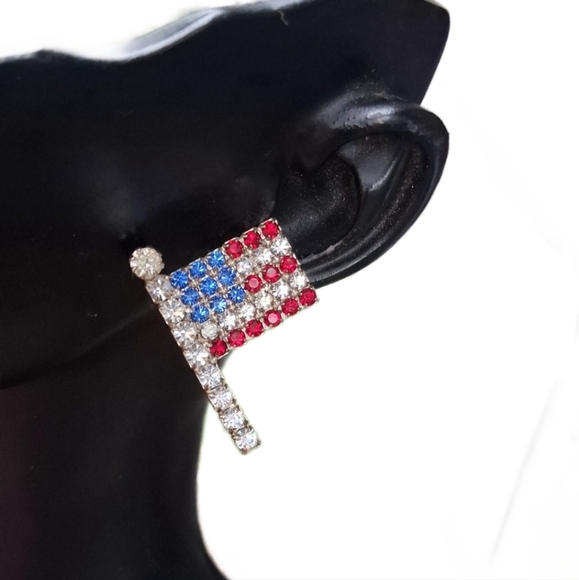 Vintage Rhinestone American Flag Pin & Earrings Set - Picture 3 of 6